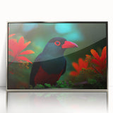 Framed wall art featuring a vibrant tropical birds design in a sleek silver frame, showcasing detailed colors and textures, ideal for enhancing home decor.