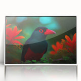 Framed acrylic wall art featuring a vibrant tropical bird design, showcasing colorful plumage against a white backdrop, perfect for enhancing home decor.