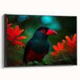 Framed wall art featuring a vibrant tropical birds design on a black canvas, showcasing rich colors and intricate details, ideal for enhancing home decor.