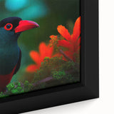 Tropical birds wall art collection featuring vibrant colors and intricate designs, framed canvas showcasing a close-up view of exotic bird species in a lush setting.