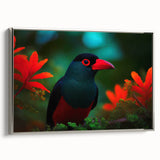 Framed wall art showcasing a vibrant tropical bird design on canvas, featuring silver accents and a sleek side profile, perfect for enhancing home decor.