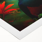 Tropical-themed rolled canvas wall art featuring vibrant birds in lush greenery, perfect for brightening any space. Packaged securely in a cardboard tube for easy transport.