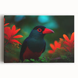Tropical birds wall art collection on stretched canvas showcasing vibrant, colorful bird designs amidst lush green foliage, perfect for brightening any living space.