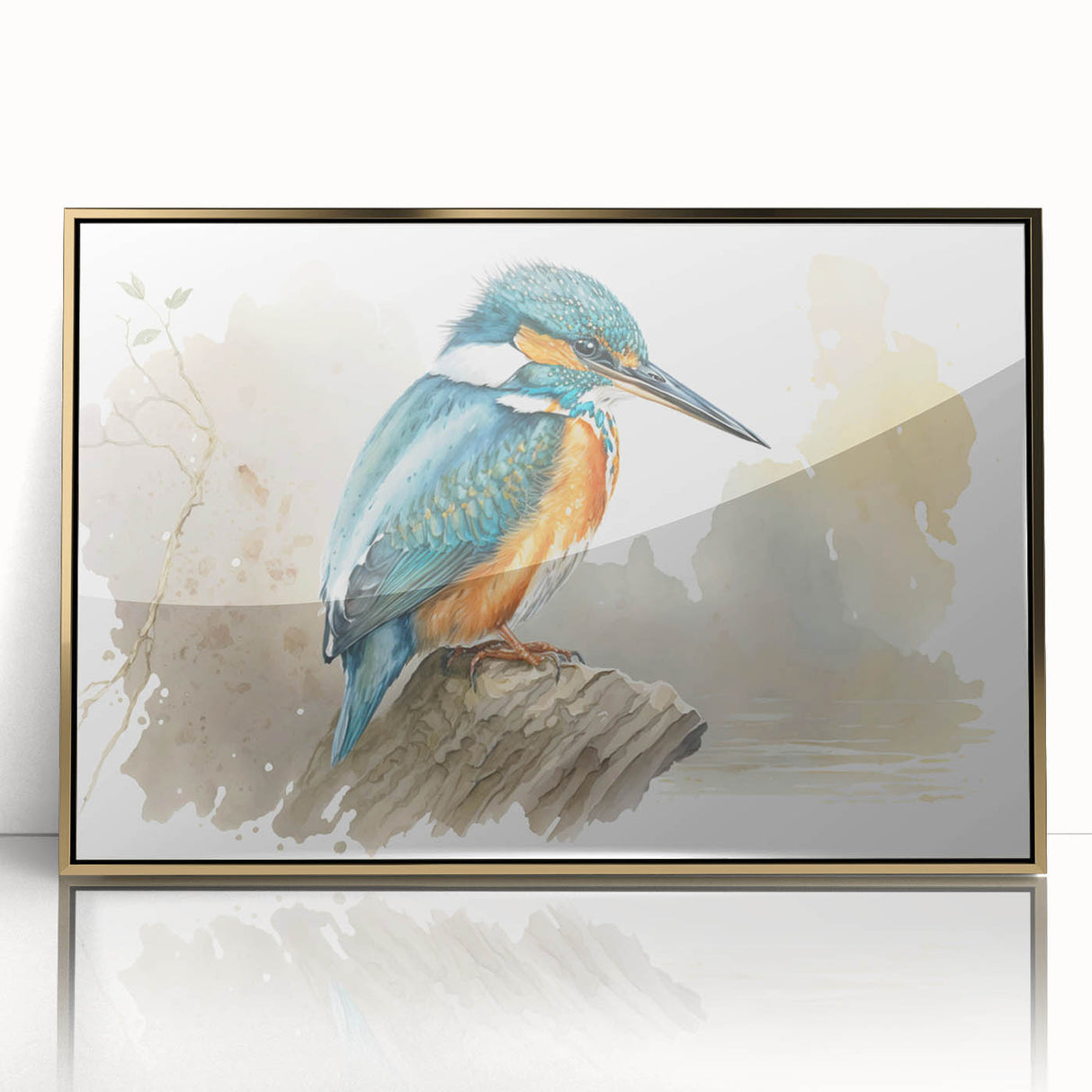 Framed acrylic wall art featuring a vibrant tropical bird design, showcasing colorful plumage against a gold background, perfect for enhancing interior decor.