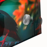 Close-up view of vibrant tropical bird wall art on acrylic glass, showcasing intricate details and vivid colors, perfect for enhancing modern home decor.