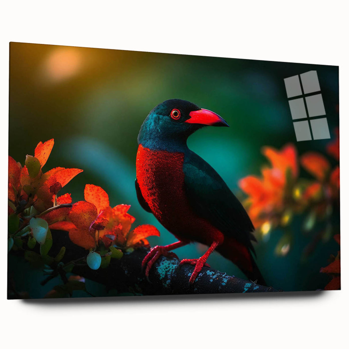 Colorful tropical birds wall art design displayed in an acrylic glass frame, showcasing vibrant hues and intricate details, perfect for brightening home decor.