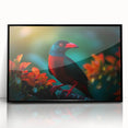 Framed wall art featuring a vibrant tropical bird design, showcasing a colorful array of exotic birds on a black background, perfect for adding a lively touch to any space.