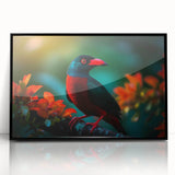 Framed wall art featuring a vibrant tropical bird design, showcasing a colorful array of exotic birds on a black background, perfect for adding a lively touch to any space.