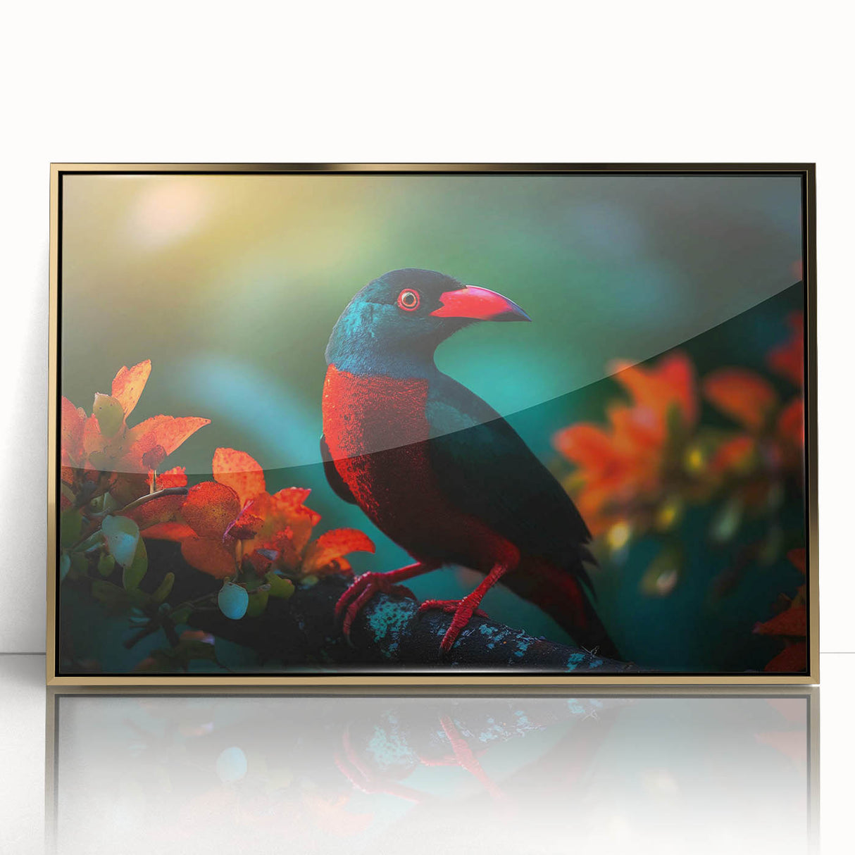 Framed wall art featuring a vibrant tropical bird design with gold accents, showcasing colorful feathered birds against a lush green background, perfect for enhancing home decor.