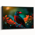 Framed canvas wall art showcasing a vibrant tropical bird design in multiple colors, displayed from a black side view, perfect for enhancing modern decor.
