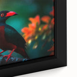 Close-up view of a vibrant tropical bird wall art design featuring colorful feathers, framed in a sleek black frame, ideal for enhancing home decor and bringing a lively atmosphere to any room.