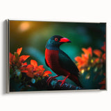 Framed canvas wall art featuring a vibrant tropical bird design with colorful hues of green, blue, and yellow, elegantly displayed with a sleek silver frame.