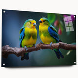 Vibrant tropical birds wall art design displayed in a sleek acrylic frame, showcasing vivid colors and intricate details. Perfect for adding a lively touch to any interior decor.