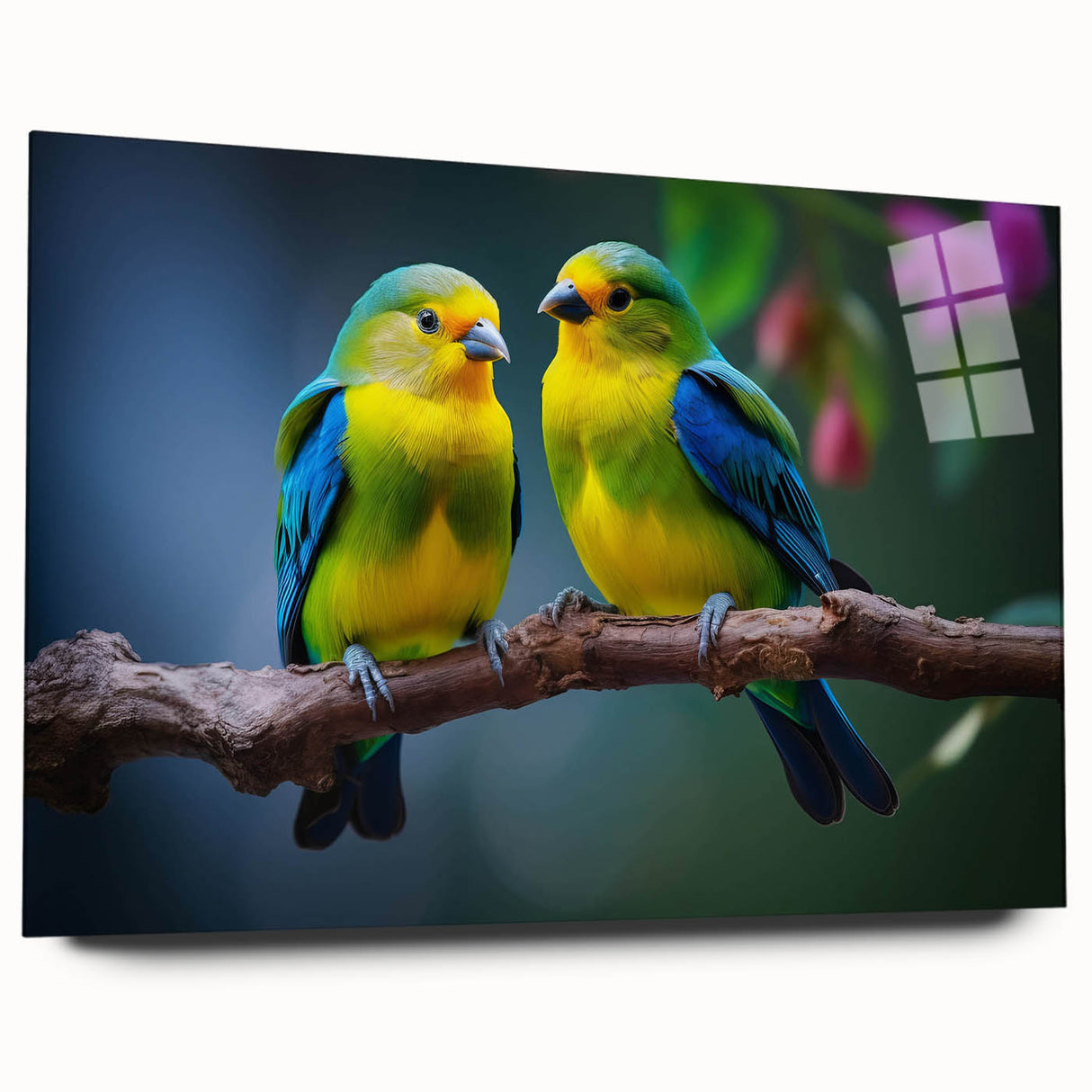 Tropical birds wall art collection, featuring vibrant colors and intricate designs, displayed in a sleek acrylic glass frame, showcasing a side view without pins.