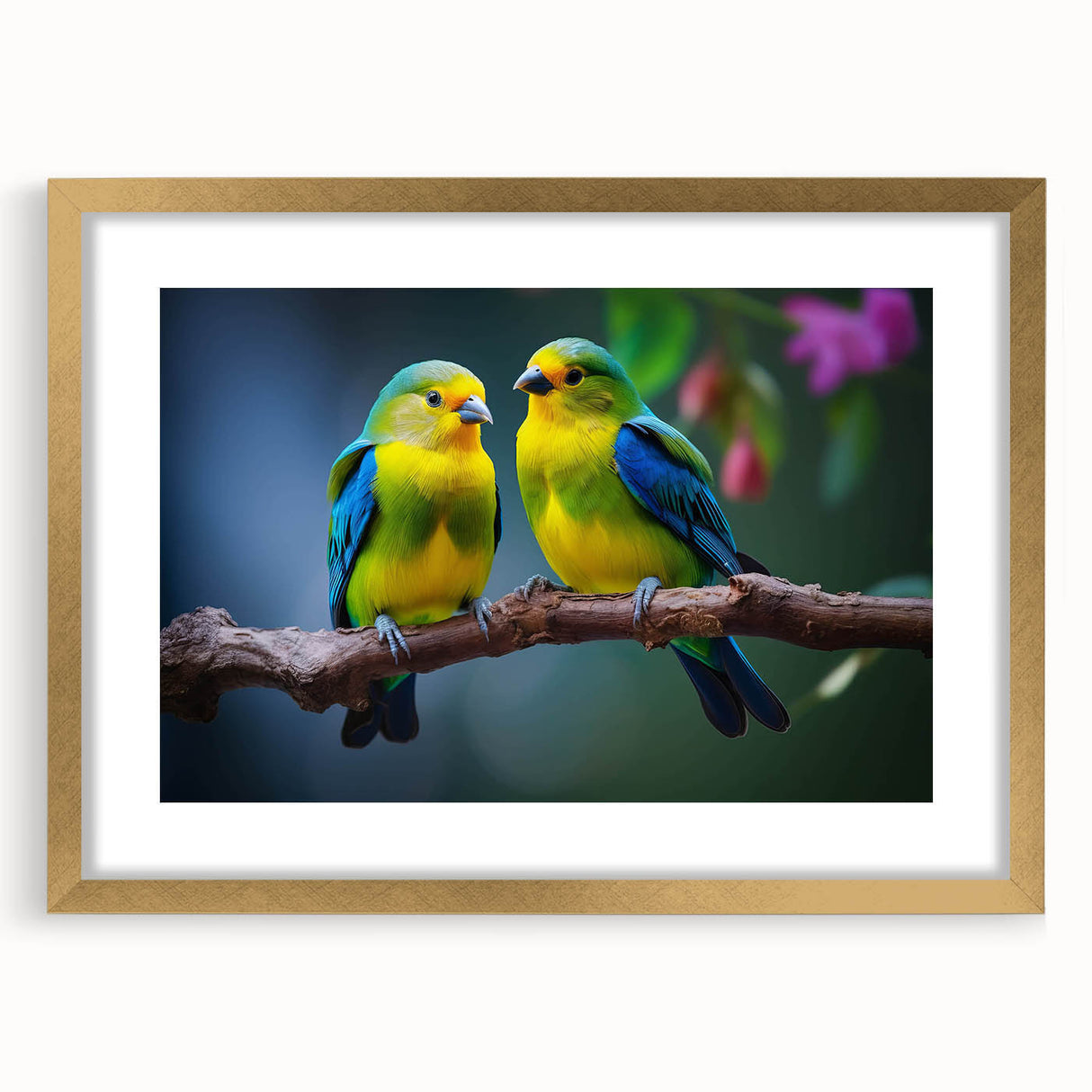 Tropical birds wall art collection framed in gold, featuring vibrant colors and intricate designs, perfect for enhancing any living space decor.