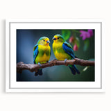 Tropical birds wall art collection framed in white with a mat, showcasing vibrant colors and intricate designs, perfect for enhancing home decor.