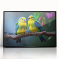 Framed tropical bird wall art featuring vibrant colors and intricate designs, showcasing a black acrylic frame, ideal for enhancing any modern decor. Perfect for bird lovers and home decor enthusiasts.