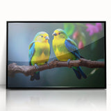 Framed tropical bird wall art featuring vibrant colors and intricate designs, showcasing a black acrylic frame, ideal for enhancing any modern decor. Perfect for bird lovers and home decor enthusiasts.