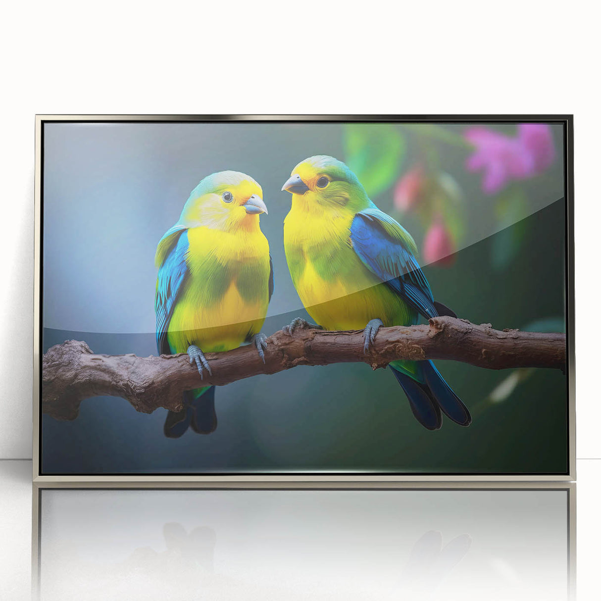 Framed tropical birds wall art in silver acrylic showcases vibrant colors and intricate details, perfect for enhancing modern home decor with a lively, natural touch.