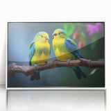 Framed tropical bird wall art in vibrant colors, showcasing a modern design with acrylic glass for a sleek finish, enhancing any interior decor.