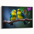 Framed canvas wall art featuring a vibrant tropical birds design, showcasing intricate details and a sleek black frame, perfect for enhancing any living space decor.