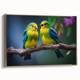 Framed canvas wall art showcasing a vibrant tropical bird design with gold accents, perfect for adding a touch of nature-inspired elegance to any room decor.