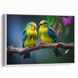 Framed canvas wall art showcasing a vibrant tropical bird design with lush greenery, set against a white background, ideal for enhancing home decor.