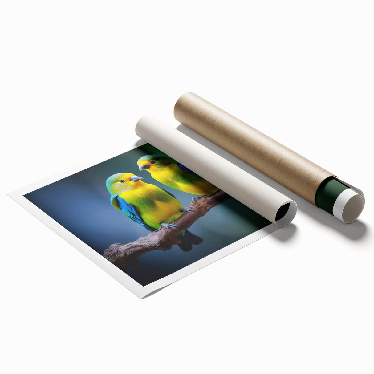 Vibrant tropical birds wall art design on premium rolled print, showcasing vivid colors and intricate details, perfect for brightening any space.