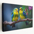 Tropical birds wall art design on stretched canvas showcasing vibrant colors and intricate details, perfect for adding a lively touch to any interior decor.