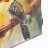 Vibrant tropical wall art design showcasing an array of colorful birds against a lush green background, printed on acrylic glass for a striking visual effect. Ideal for adding a lively touch to home decor or office spaces.