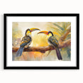 Tropical bird wall art design in a black-framed display, showcasing vibrant colors and intricate details, perfect for home decor enthusiasts.