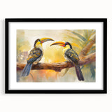 Tropical bird wall art design in a black-framed display, showcasing vibrant colors and intricate details, perfect for home decor enthusiasts.