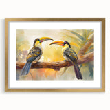 Tropical bird wall art collection featuring vibrant colors and intricate designs, framed with a gold mat, perfect for adding a touch of nature to home decor.