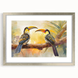 Tropical bird wall art collection framed in silver with a mat, showcasing vibrant colors and intricate designs; perfect for enhancing any living space decor.