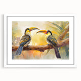 Tropical birds wall art collection framed with a white mat, showcasing vibrant colors and intricate designs, perfect for enhancing home decor.
