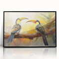 Tropical birds wall art print featuring vibrant colors and intricate designs, framed in black acrylic. Perfect for adding a lively touch to any modern decor.