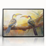 Tropical birds wall art print featuring vibrant colors and intricate designs, framed in black acrylic. Perfect for adding a lively touch to any modern decor.