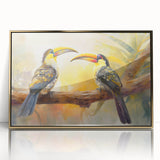 Framed tropical bird wall art design showcasing vibrant colors and intricate details, encased in an elegant gold frame, perfect for home decor enhancement.