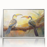Framed wall art featuring vibrant tropical birds design with a white frame, ideal for home decor, adding a lively touch to any space.