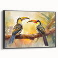 Framed wall art featuring a vibrant tropical bird design on canvas, showcasing bright colors and intricate details, displayed from a black side view for aesthetic appeal.