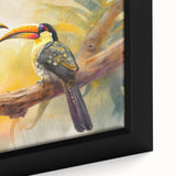 Vibrant close-up of a framed canvas wall art featuring a tropical bird design, showcasing detailed colors and textures, perfect for enhancing any living space decor.