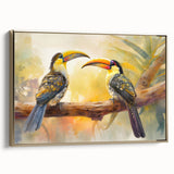 Framed canvas wall art featuring a vibrant tropical bird design, showcasing rich colors and intricate details, perfect for enhancing home decor with a touch of nature.