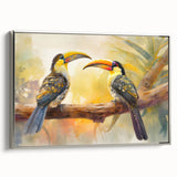 Framed canvas wall art showcasing a vibrant tropical birds design with intricate details and a silver frame, perfect for adding a touch of nature to home decor.