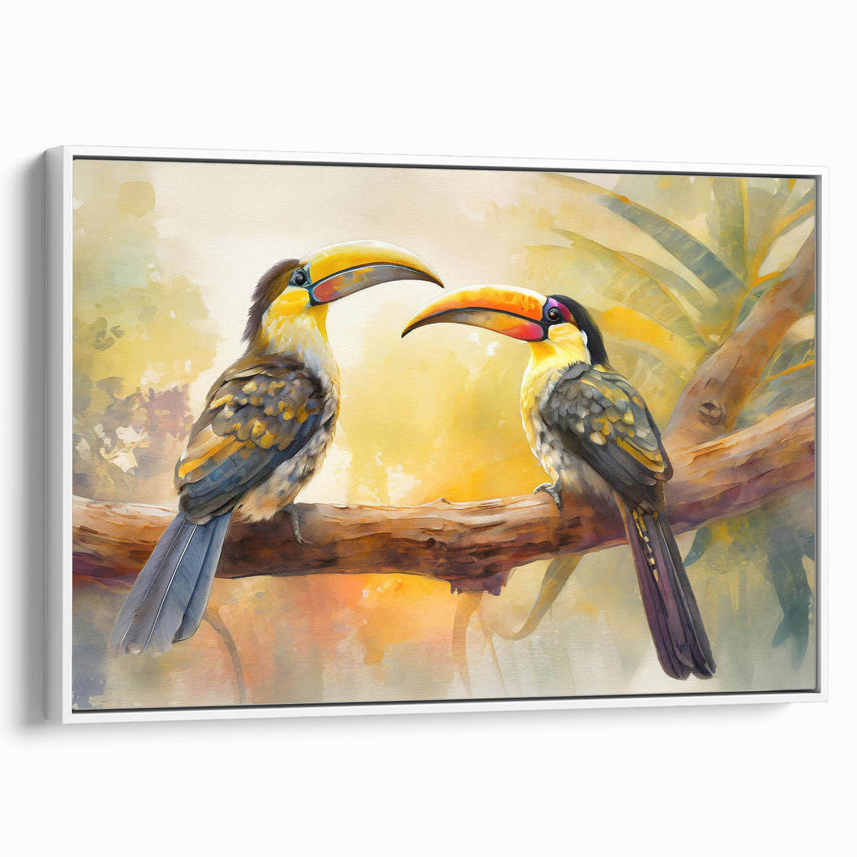 Framed wall art showcasing a vibrant tropical bird design, featuring colorful feathers and lush foliage, presented in a sleek white frame for modern decor.