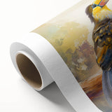 Vibrant tropical birds wall art design on rolled canvas, showcasing colorful feathers and intricate details, perfect for home decor or art enthusiasts.