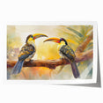 Tropical bird-themed wall art print featuring vibrant colors and intricate designs, rolled up for easy transport and display in various settings. Ideal for enhancing home decor with a touch of nature.