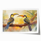 Tropical bird-themed wall art print featuring vibrant colors and intricate designs, rolled up for easy transport and display in various settings. Ideal for enhancing home decor with a touch of nature.