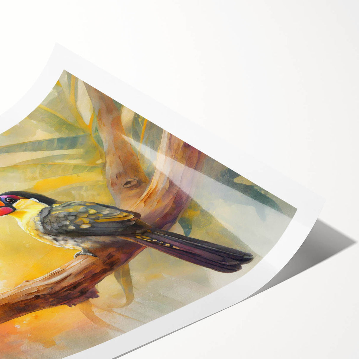 Tropical bird wall art print showcasing vibrant colors and intricate details, rolled and packaged in a protective tube for easy display and transport.