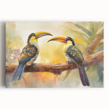 Tropical birds wall art design on stretched canvas showcasing vibrant colors and intricate details, perfect for adding a lively touch to home decor.