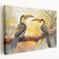 Stretched canvas wall art showcasing a vibrant tropical bird design, featuring rich colors and intricate details, ideal for enhancing home decor with a lively touch. Perfect for nature lovers and bird enthusiasts seeking to elevate their interior spaces.